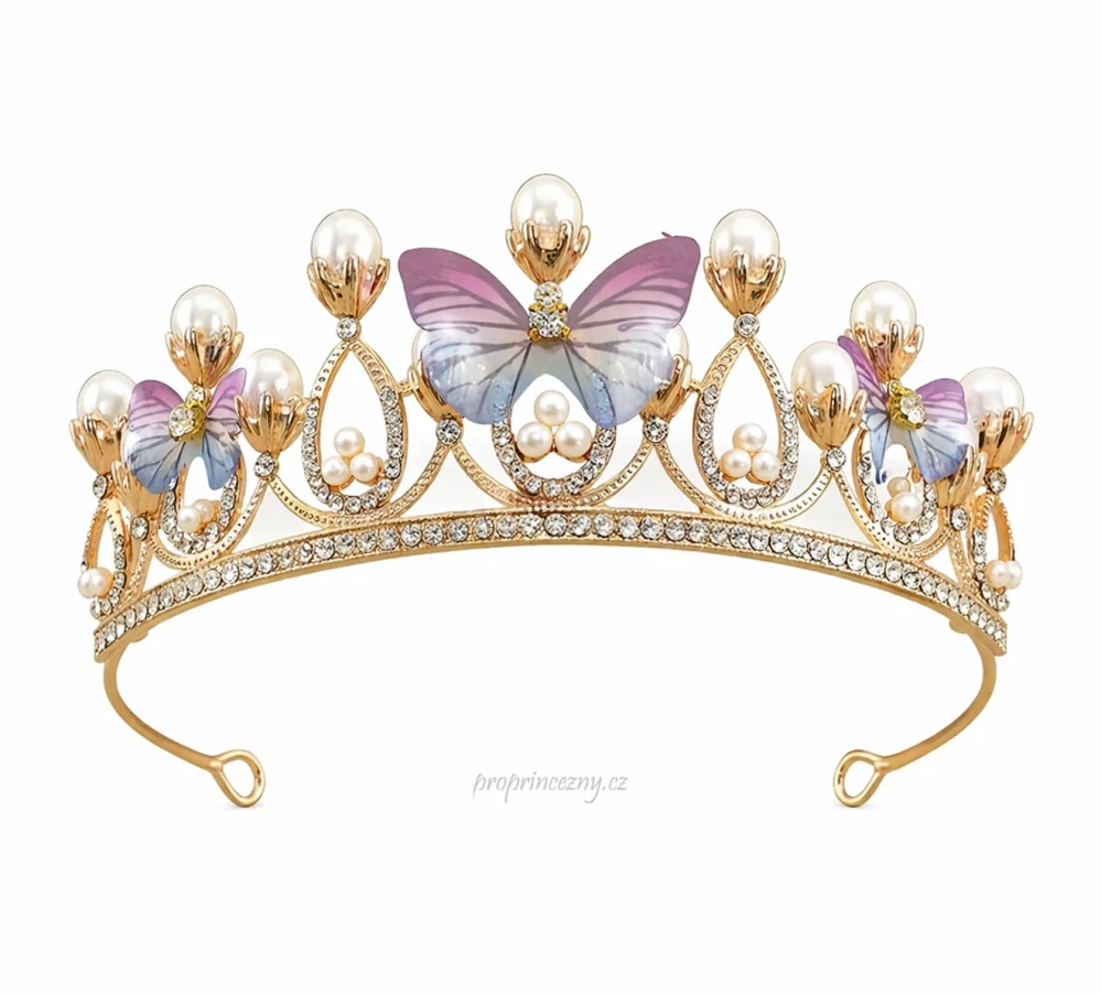 Dětská princeznovská korunka s perlami a motýlem – zlatá čelenka
