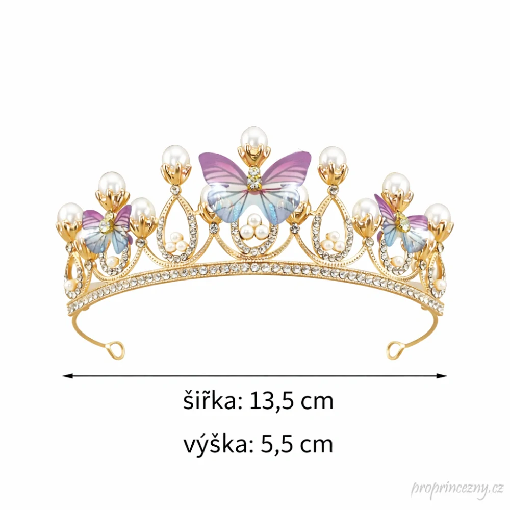 Dětská princeznovská korunka s perlami a motýlem – zlatá čelenka